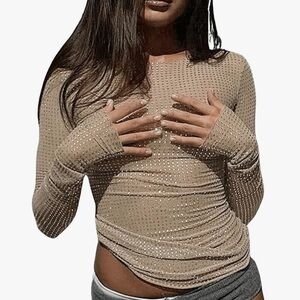 Women's Diamond Mesh Tops Long Sleeve Y2k Slim Fit Sexy Party Rhinestone Top